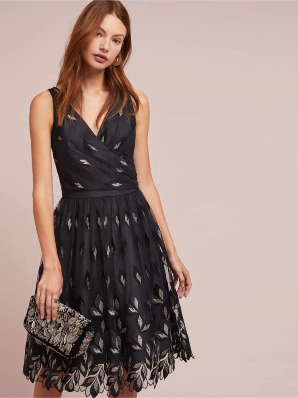 Anthropologie Shoshanna Joalyn Metallic Black Dress with Embroidered Gold Leaves - Picture 2 of 12